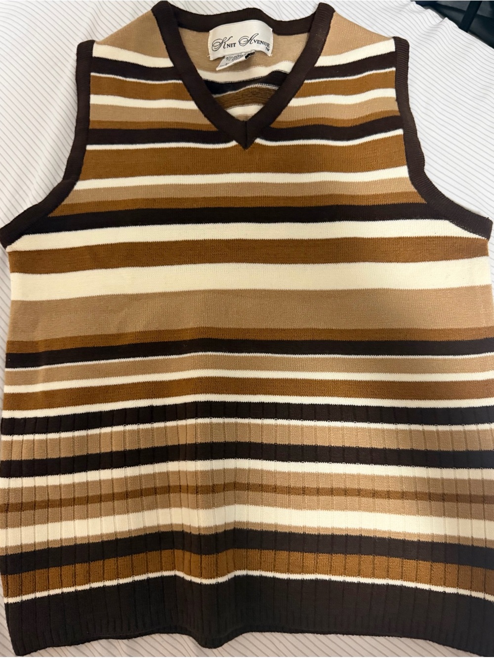 Avenue Striped V-Neck Sweater Vest in Brown, Tan & Cream